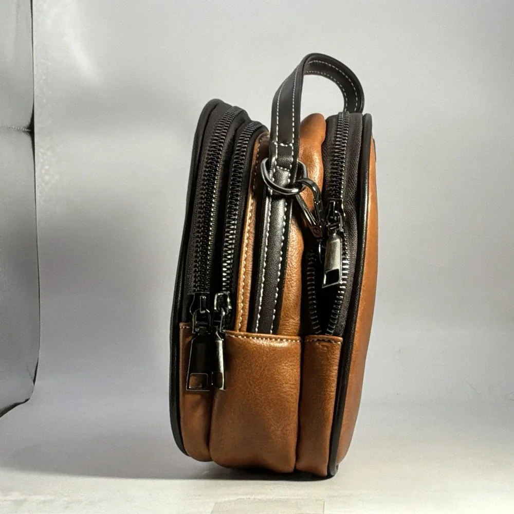 Bee Crossbody 3 Zip Organizer Brown Faux Leather Bag Purse